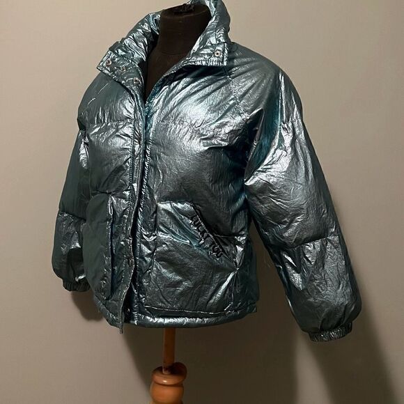 Zara Kid's Girl's Metallic Blue Lucky You Puffer Jacket - Picture 5 of 12